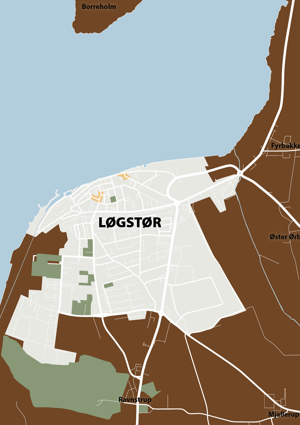 plakat: byplakat løgstør - kort - dark brown-Byer-A1two3