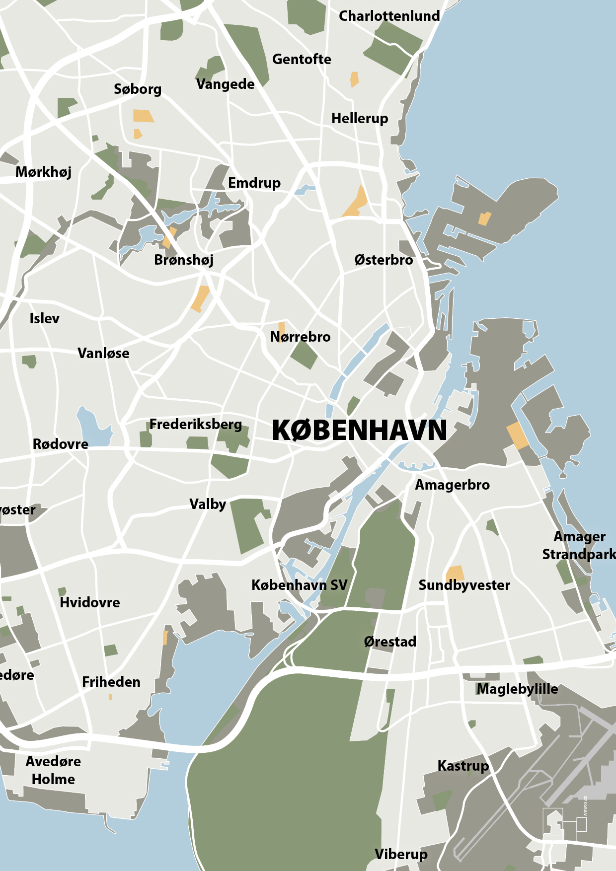 plakat: byplakat københavn - kort - battleship gray-Byer-A1two3