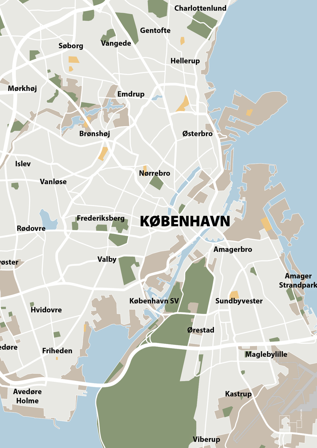 plakat: byplakat københavn - kort - creamy mushroom-Byer-A1two3