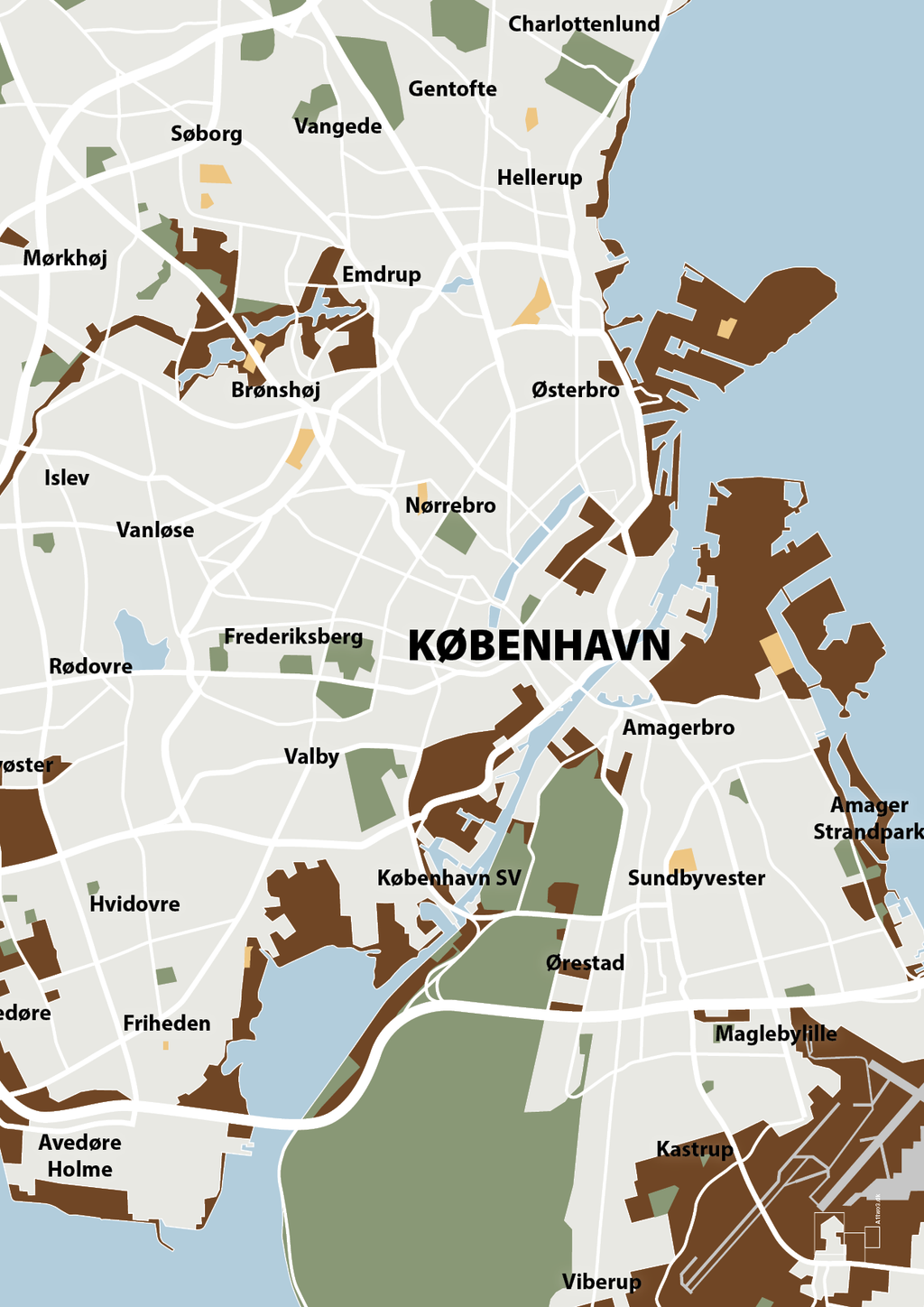 plakat: byplakat københavn - kort - dark brown-Byer-A1two3