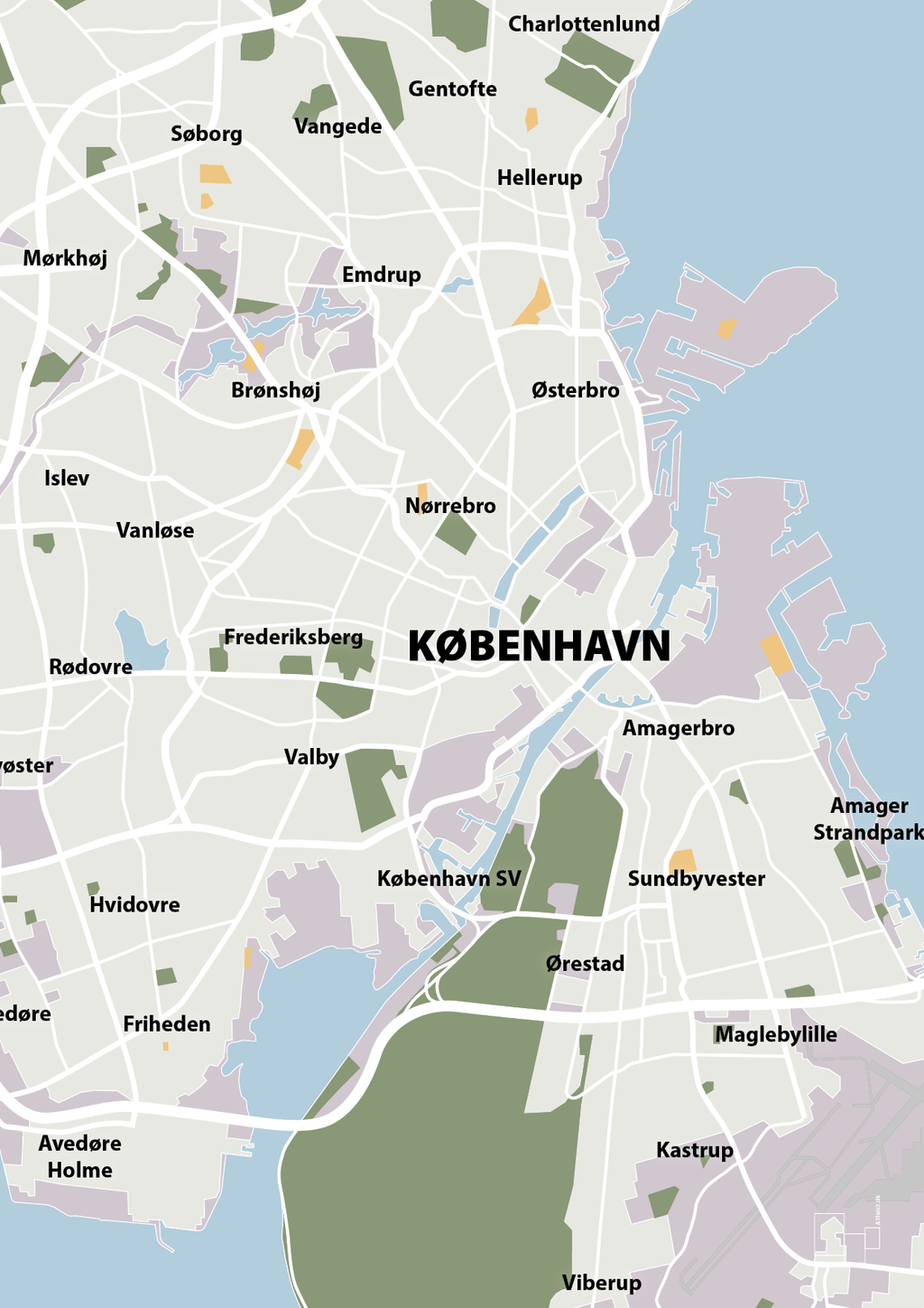 plakat: byplakat københavn - kort - dusty lilac-Byer-A1two3