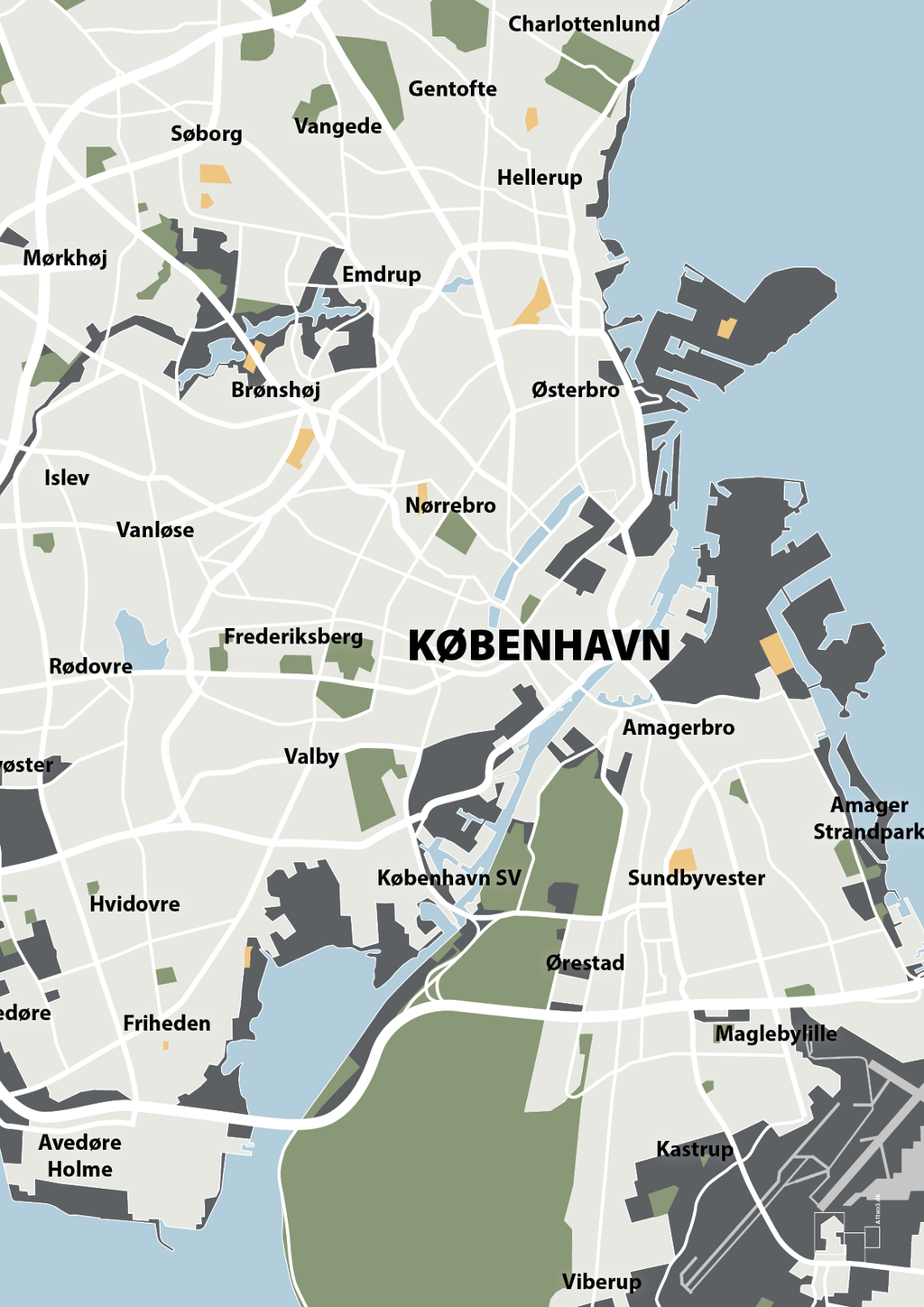 plakat: byplakat københavn - kort - graphic charcoal-Byer-A1two3