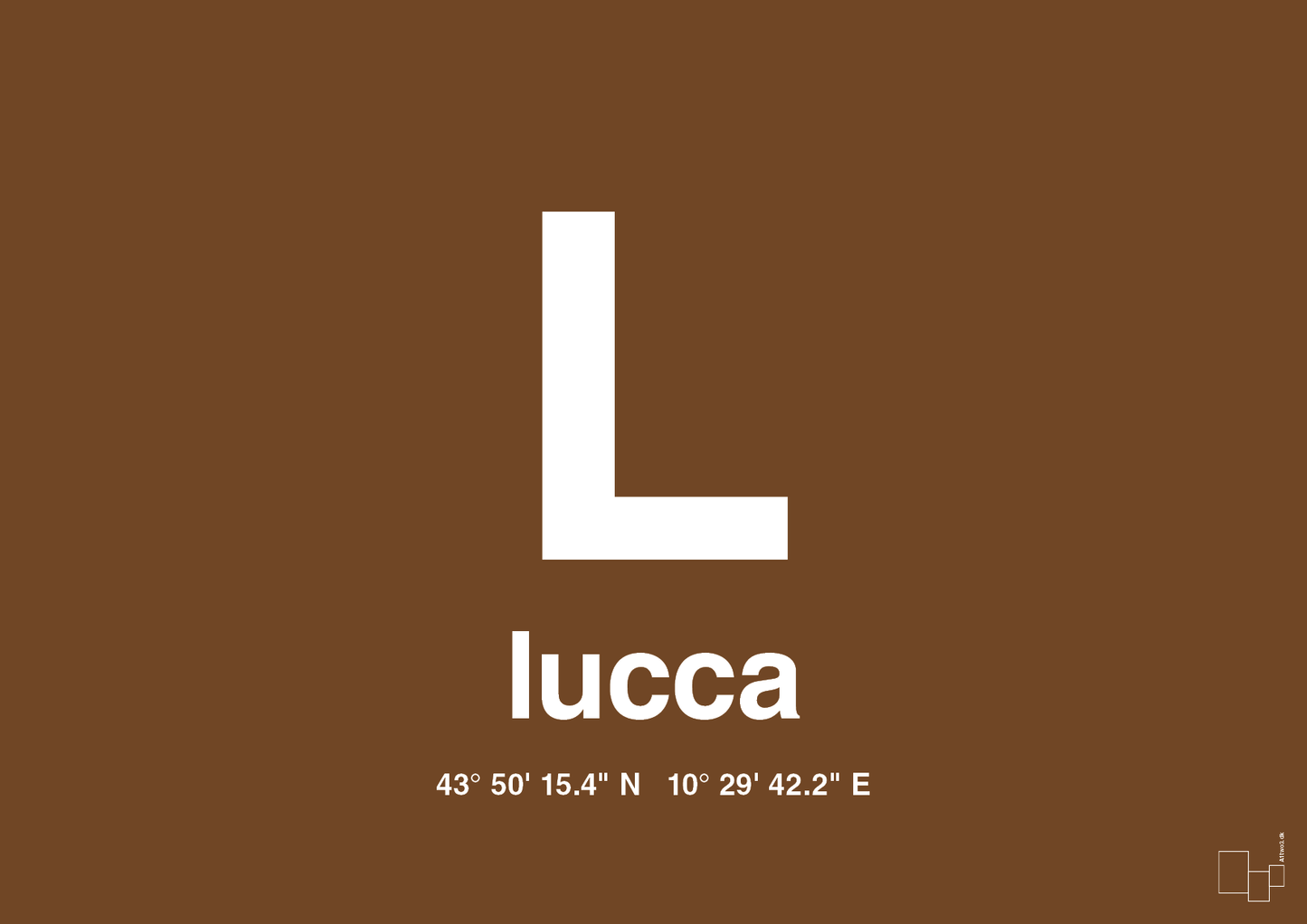 plakat: byplakat lucca med koordinater - dark brown-Byer-A1two3
