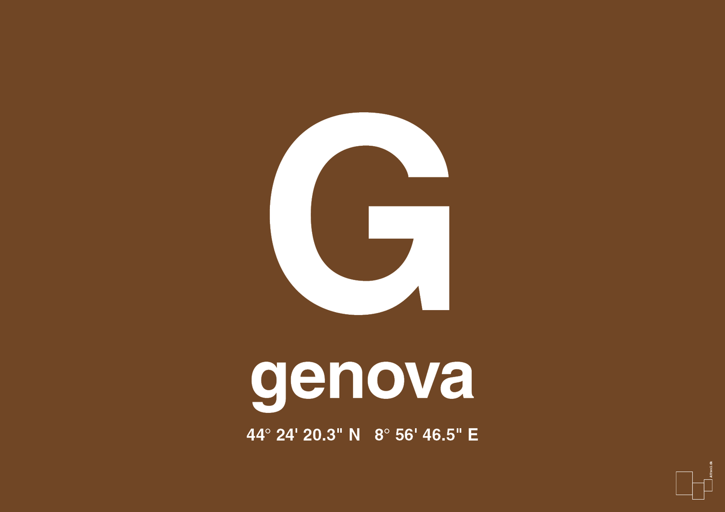 plakat: byplakat genova med koordinater - dark brown-Byer-A1two3
