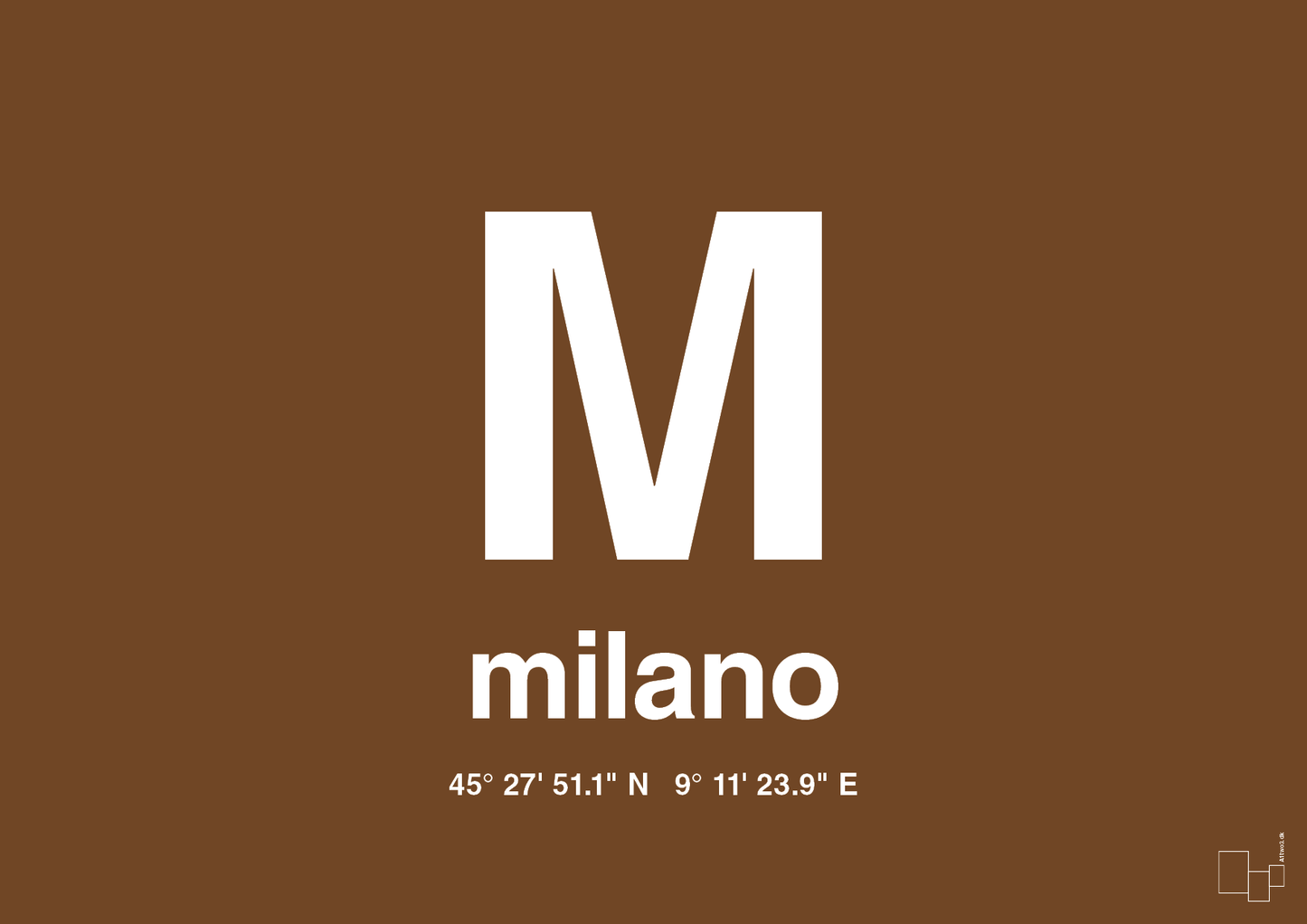 plakat: byplakat milano med koordinater - dark brown-Byer-A1two3