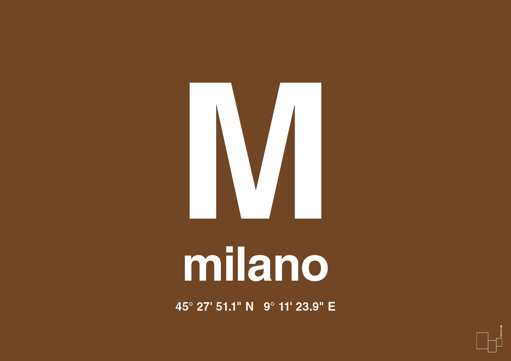 plakat: byplakat milano med koordinater - dark brown-Byer-A1two3