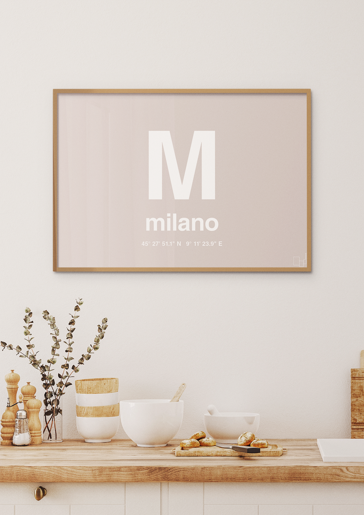 plakat: byplakat milano med koordinater - creamy mushroom-Byer-A1two3