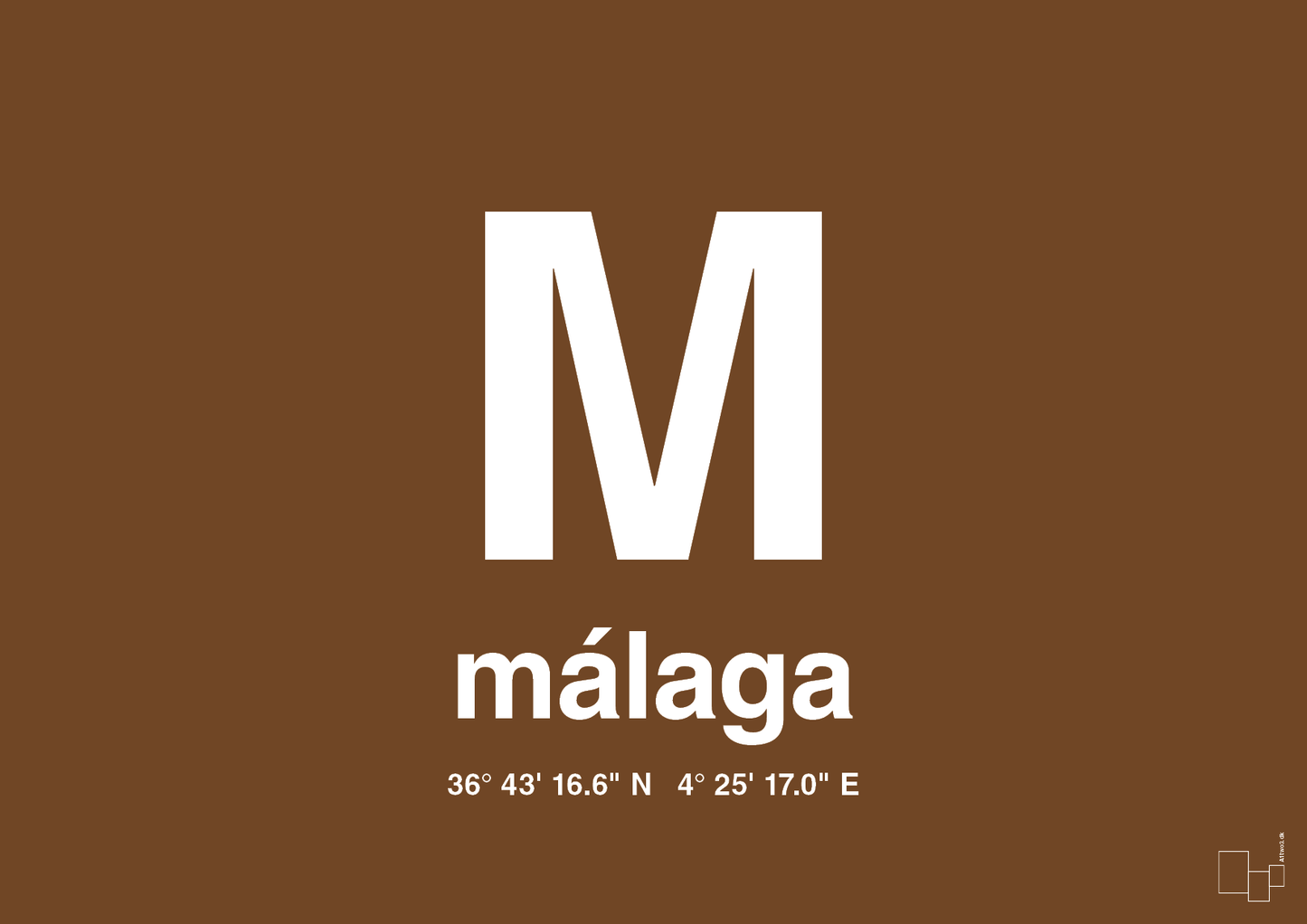 plakat: byplakat málaga med koordinater - dark brown-Byer-A1two3