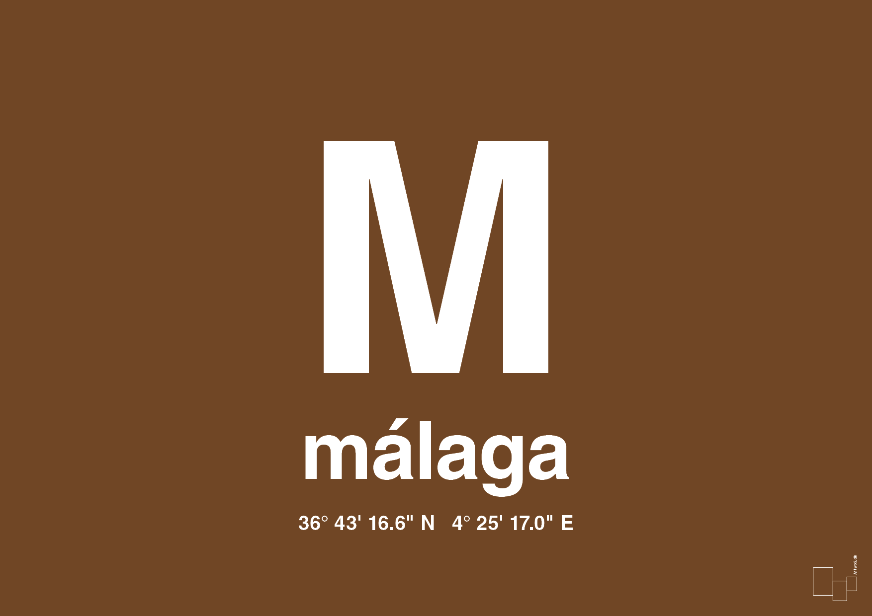 plakat: byplakat málaga med koordinater - dark brown-Byer-A1two3