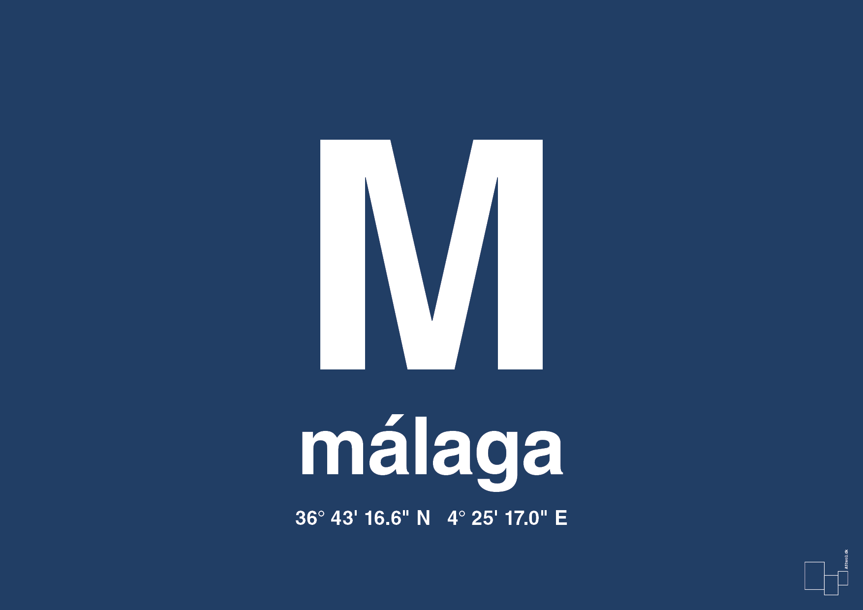 plakat: byplakat málaga med koordinater - lapis blue-Byer-A1two3