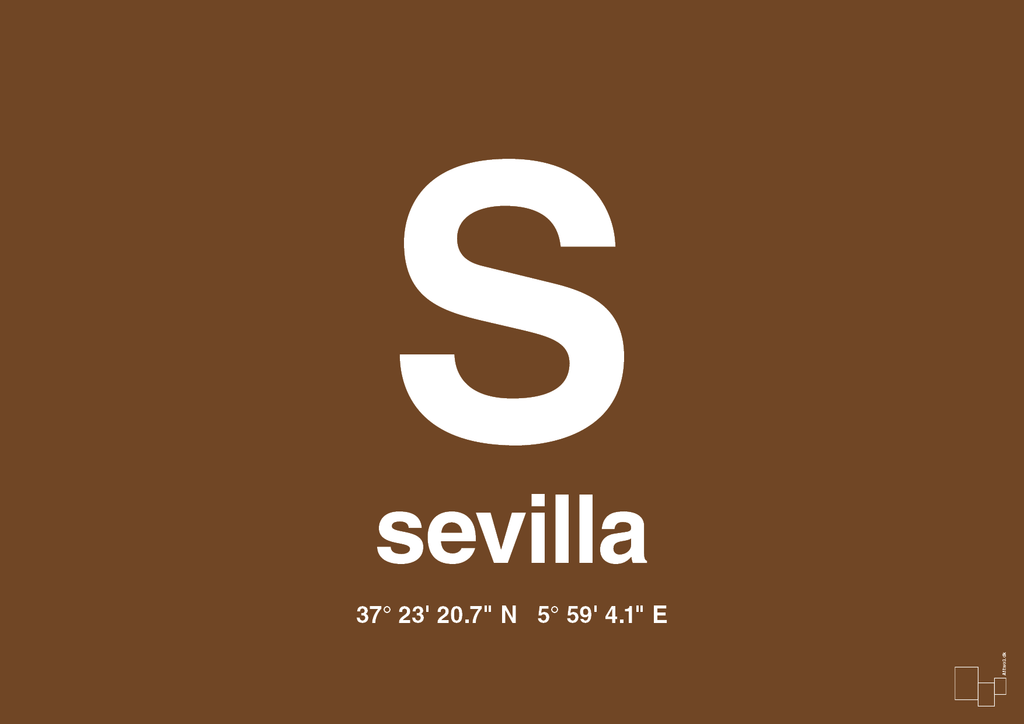 plakat: byplakat sevilla med koordinater - dark brown-Byer-A1two3