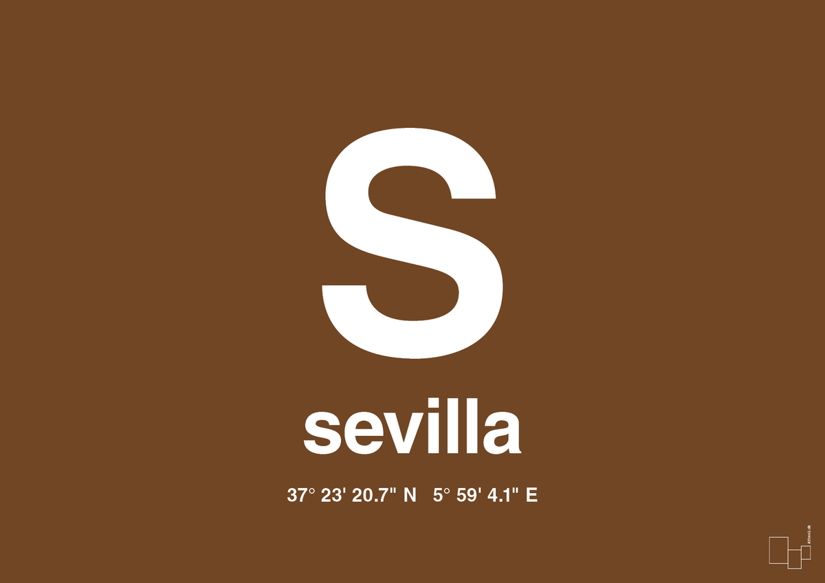 plakat: byplakat sevilla med koordinater - dark brown-Byer-A1two3