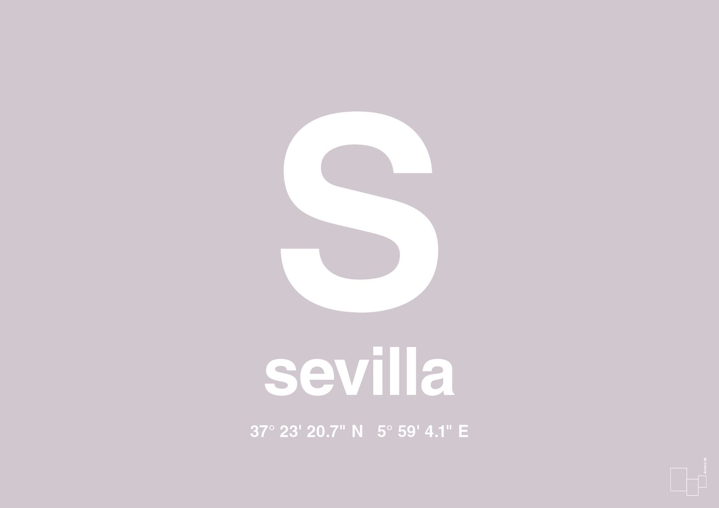 plakat: byplakat sevilla med koordinater - dusty lilac-Byer-A1two3