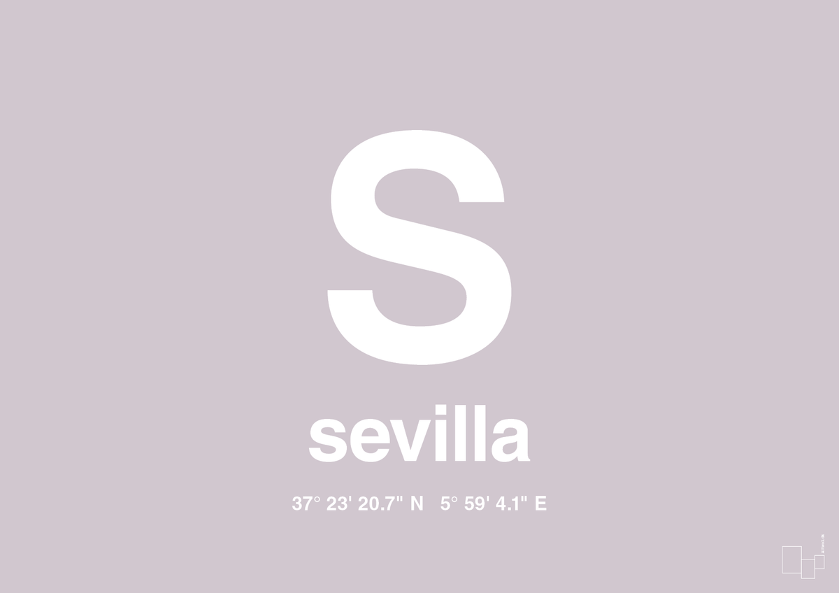 plakat: byplakat sevilla med koordinater - dusty lilac-Byer-A1two3