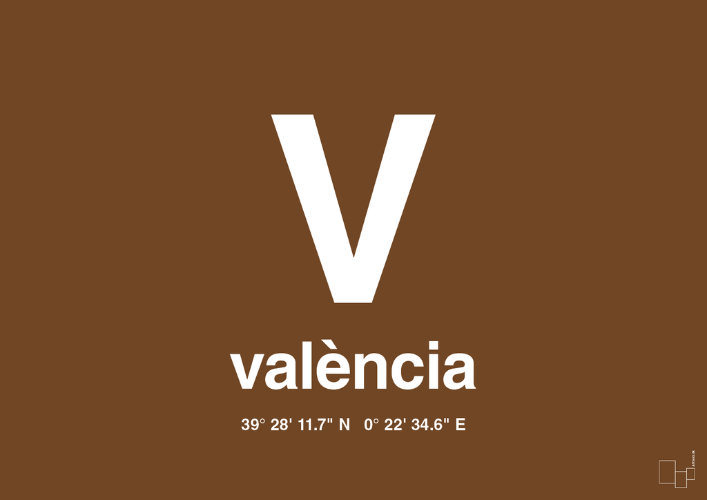 plakat: byplakat valencia med koordinater - dark brown-Byer-A1two3
