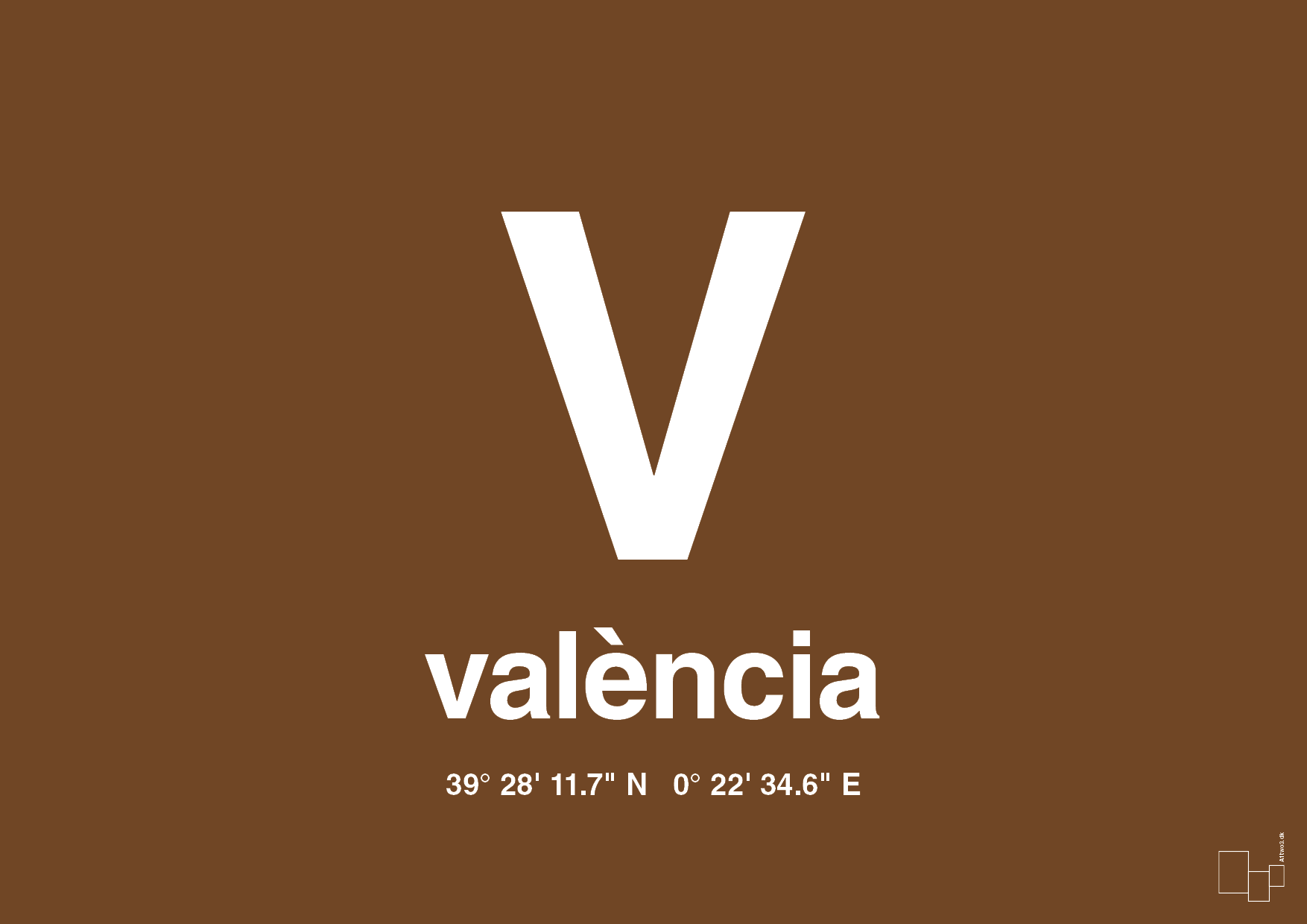 plakat: byplakat valencia med koordinater - dark brown-Byer-A1two3