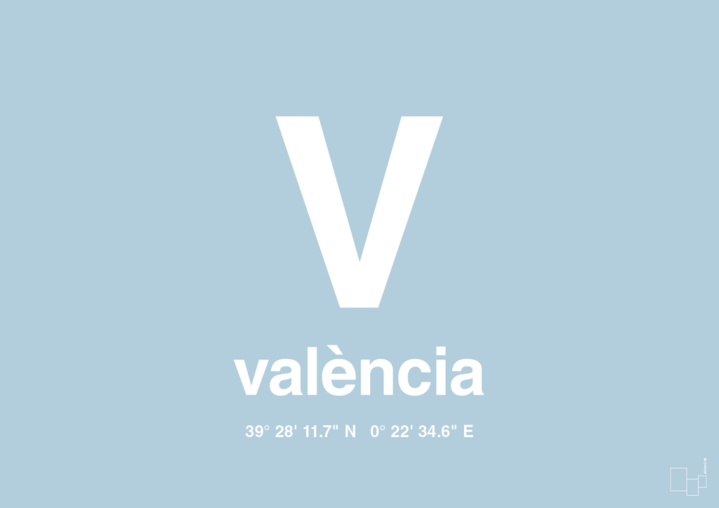 plakat: byplakat valencia med koordinater - heavenly blue-Byer-A1two3