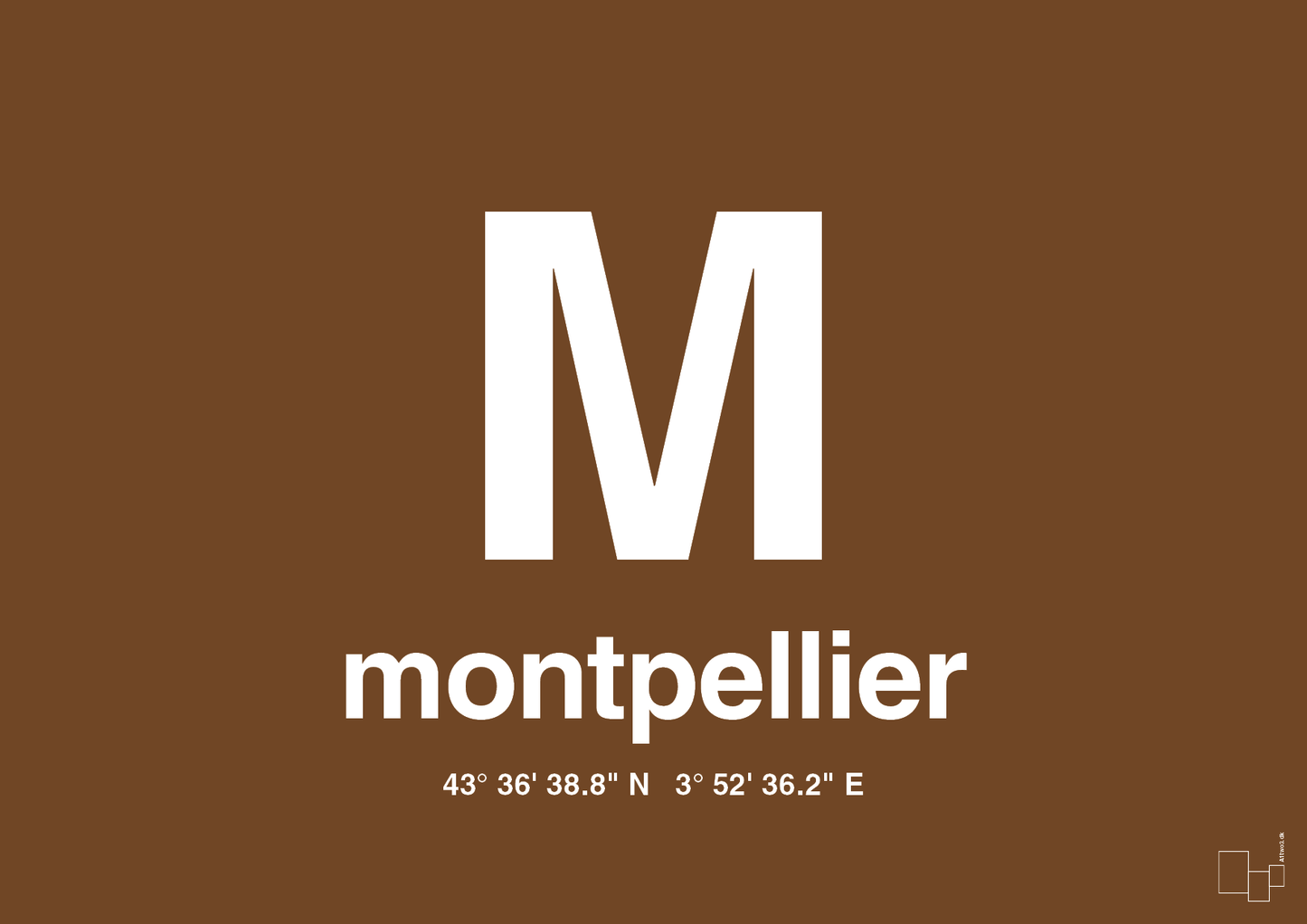 plakat: byplakat montpellier med koordinater - dark brown-Byer-A1two3