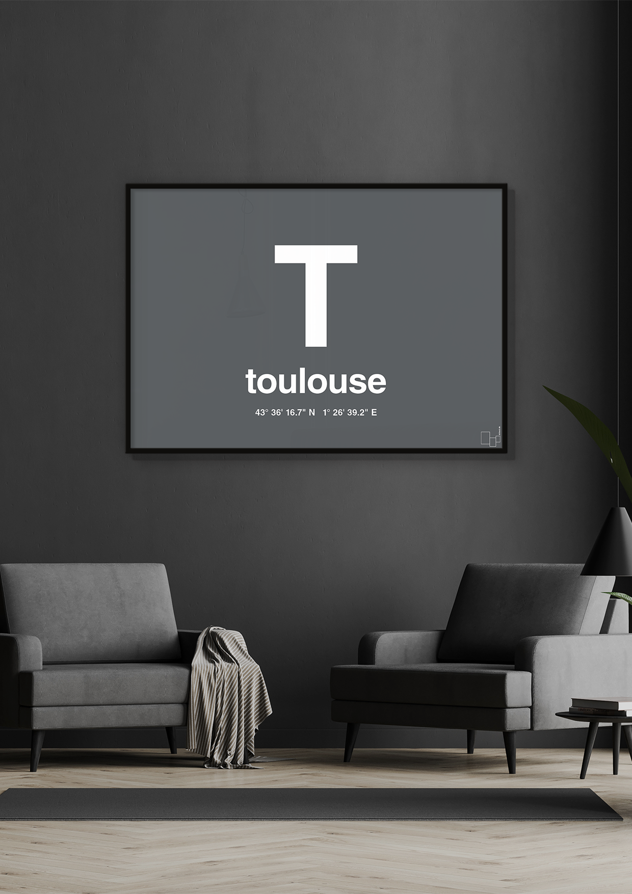 plakat: byplakat toulouse med koordinater - graphic charcoal-Byer-A1two3
