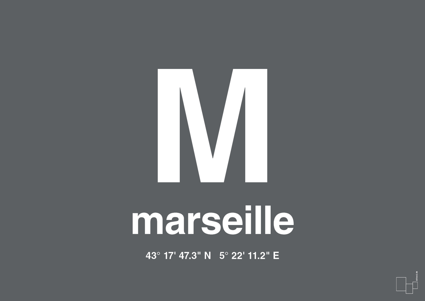 plakat: byplakat marseille med koordinater - graphic charcoal-Byer-A1two3