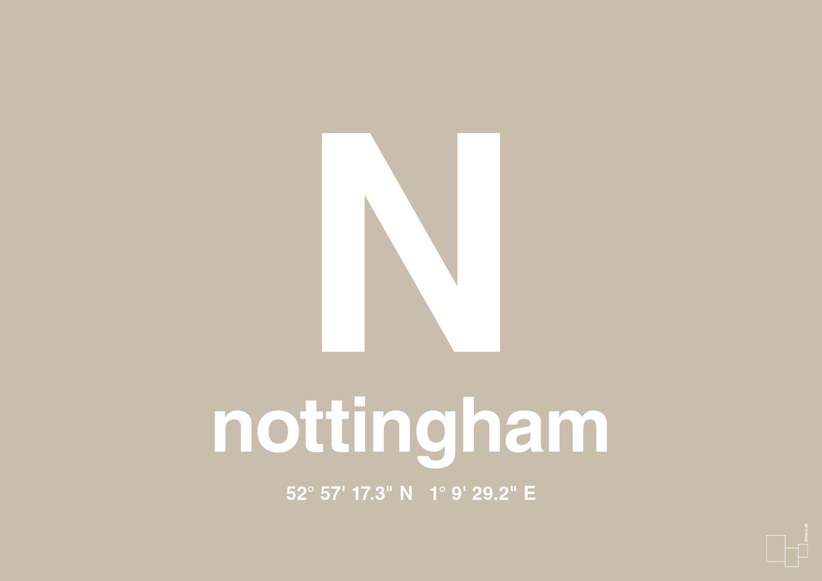 plakat: byplakat nottingham med koordinater - creamy mushroom-Byer-A1two3