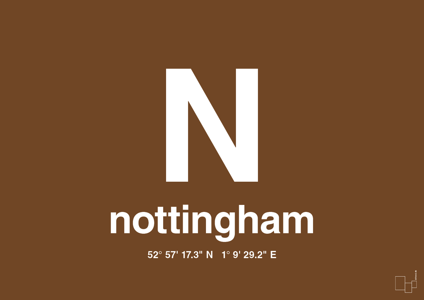 plakat: byplakat nottingham med koordinater - dark brown-Byer-A1two3