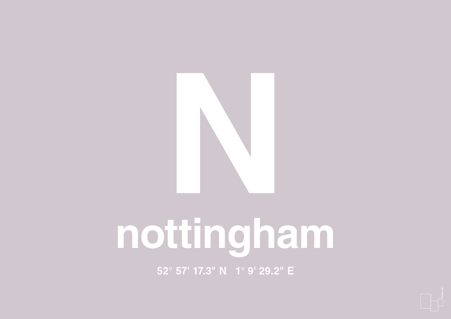 plakat: byplakat nottingham med koordinater - dusty lilac-Byer-A1two3