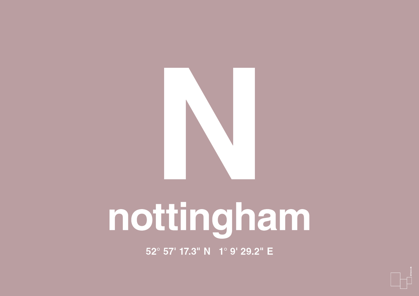 plakat: byplakat nottingham med koordinater - light rose-Byer-A1two3