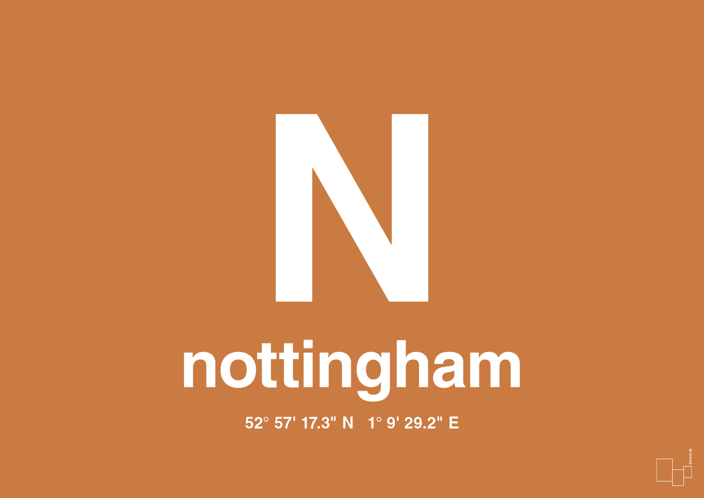 plakat: byplakat nottingham med koordinater - rumba orange-Byer-A1two3