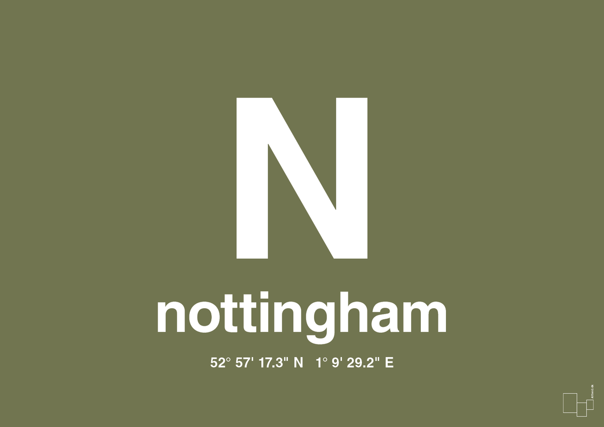 plakat: byplakat nottingham med koordinater - secret meadow-Byer-A1two3