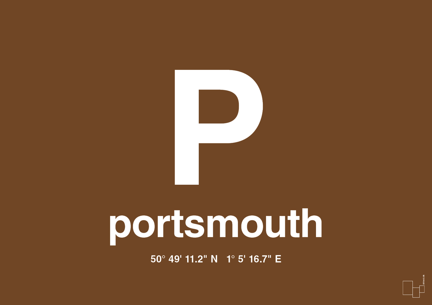 plakat: byplakat portsmouth med koordinater - dark brown-Byer-A1two3