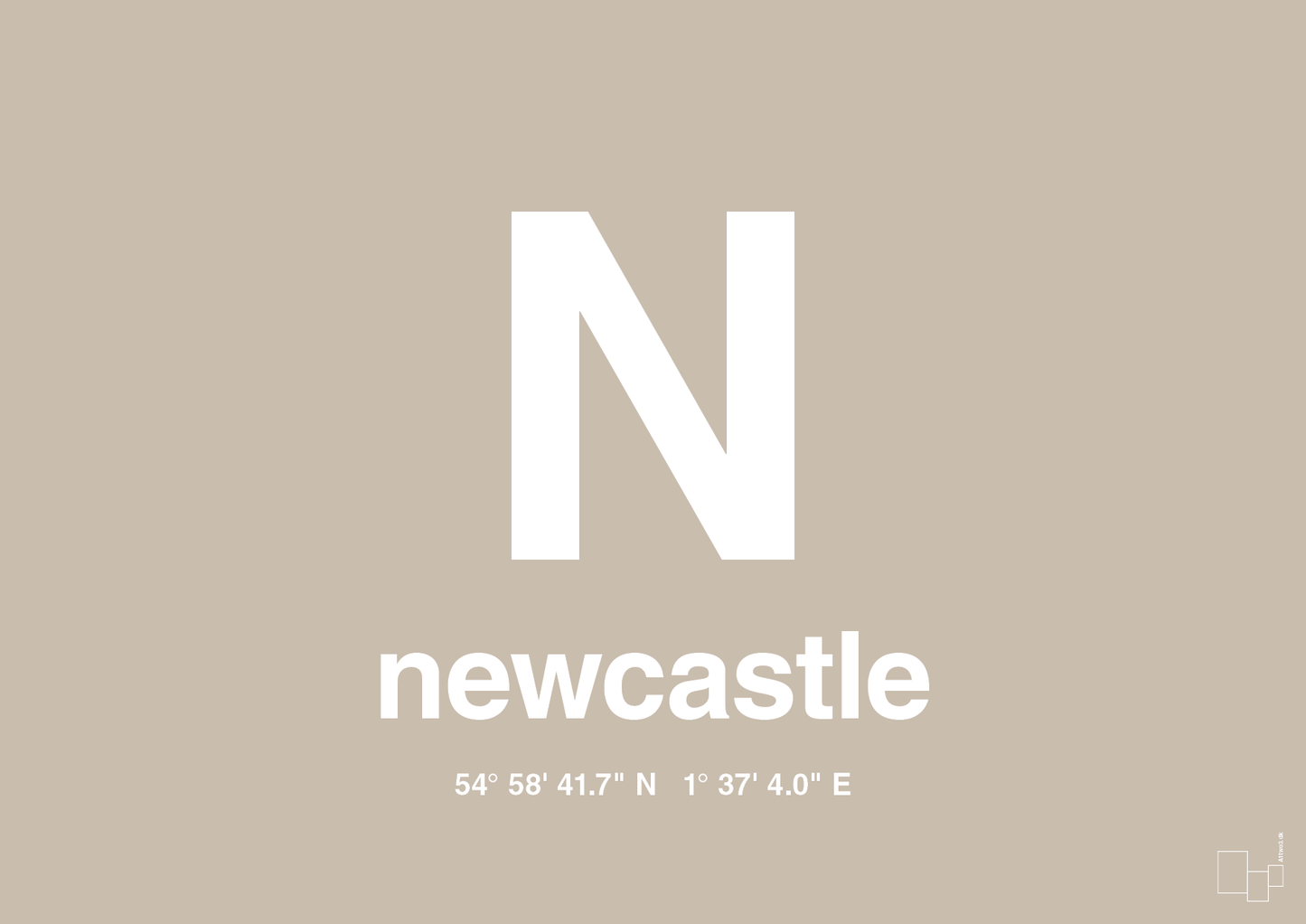 plakat: byplakat newcastle med koordinater - creamy mushroom-Byer-A1two3