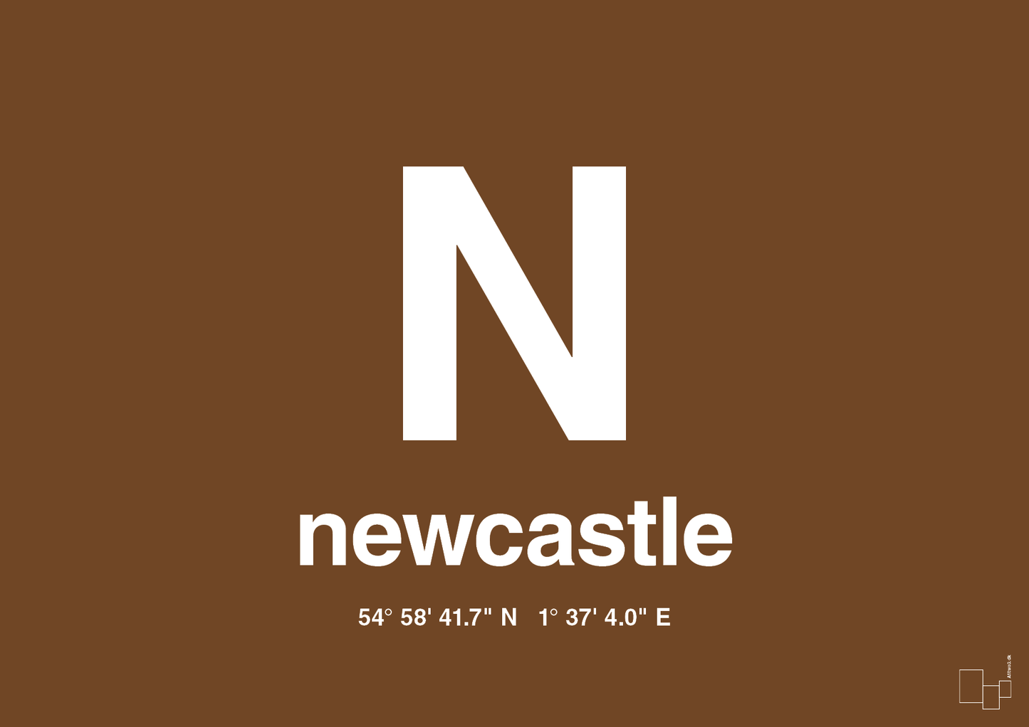 plakat: byplakat newcastle med koordinater - dark brown-Byer-A1two3