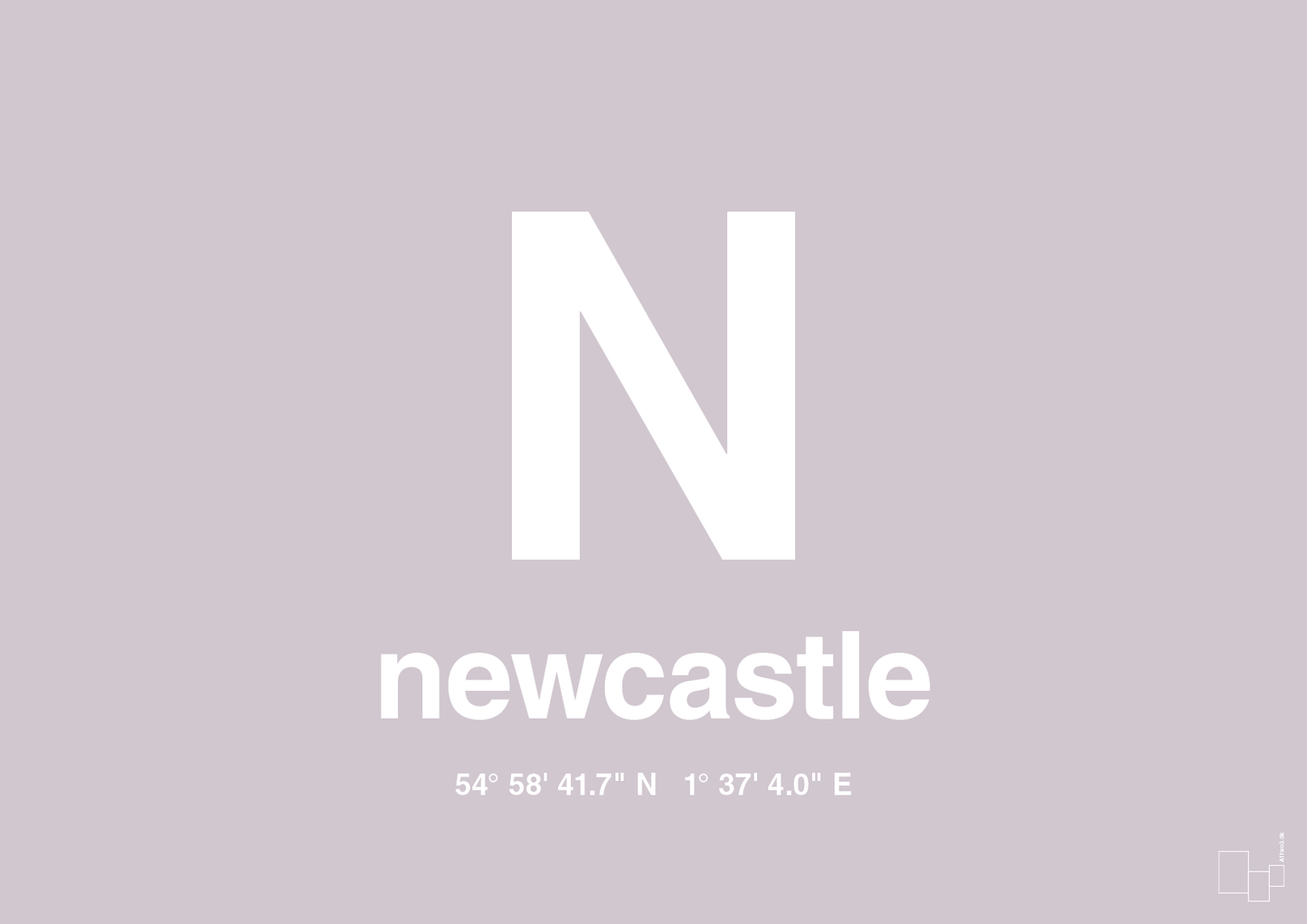 plakat: byplakat newcastle med koordinater - dusty lilac-Byer-A1two3