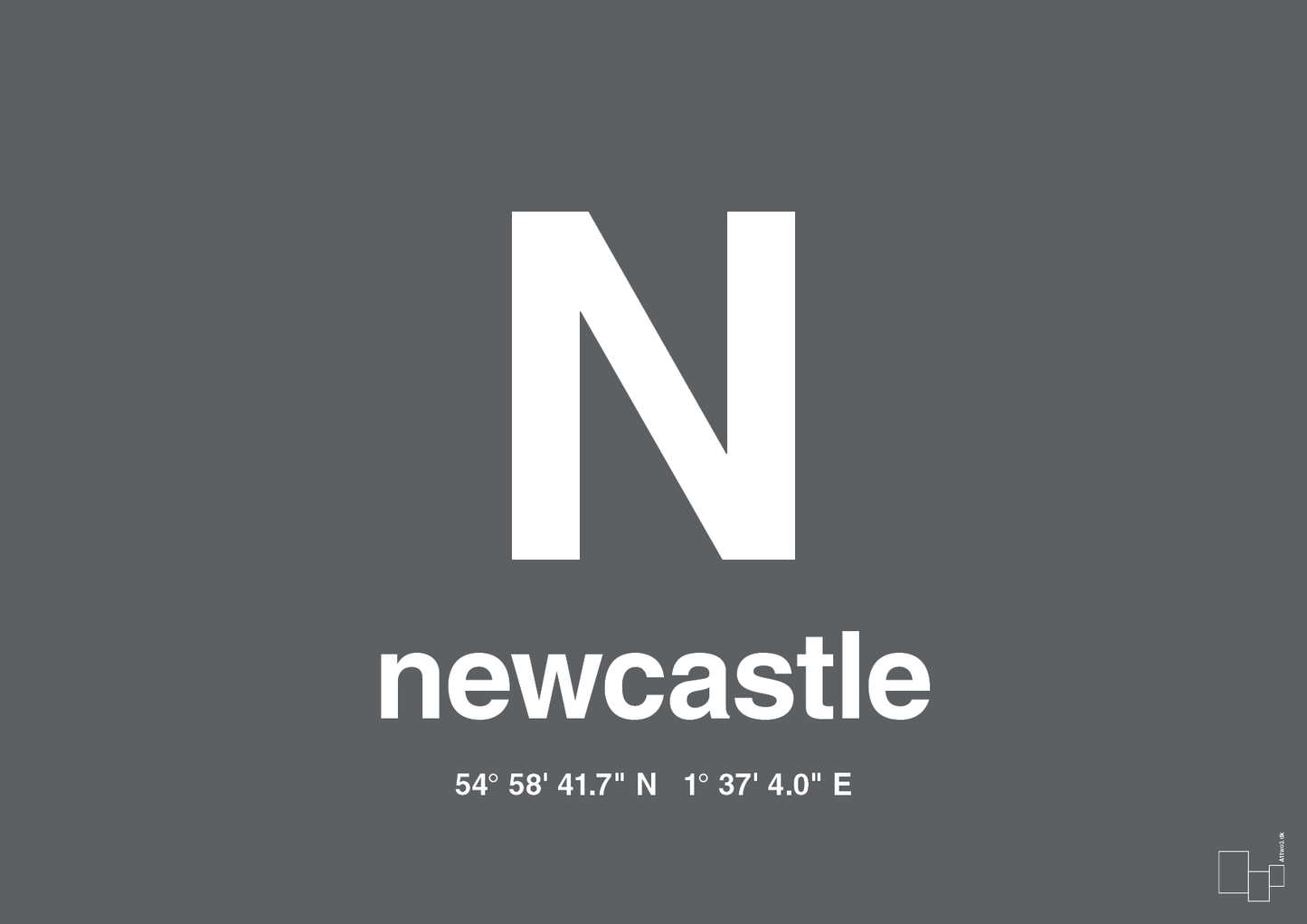 plakat: byplakat newcastle med koordinater - graphic charcoal-Byer-A1two3