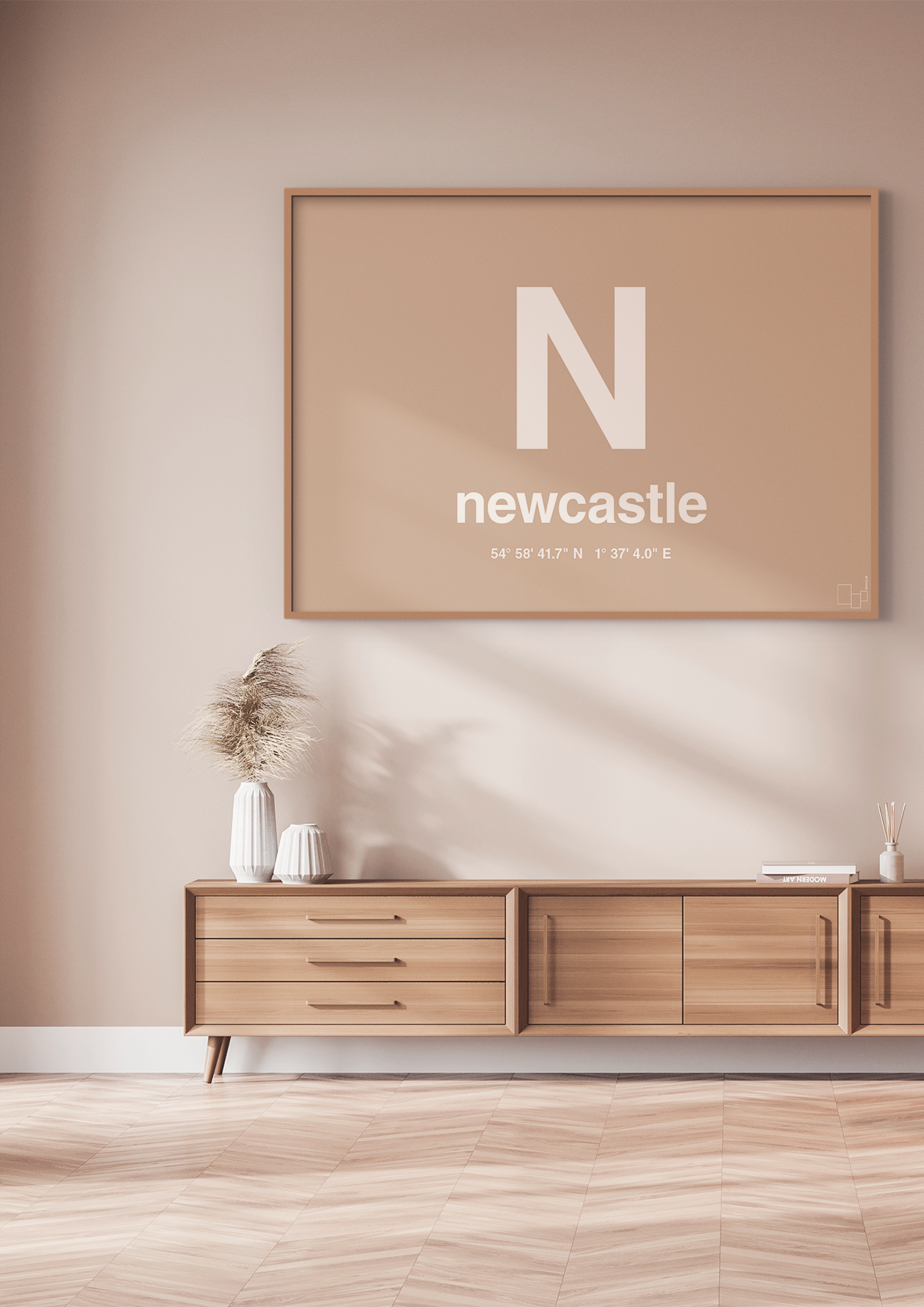 plakat: byplakat newcastle med koordinater - graphic charcoal-Byer-A1two3