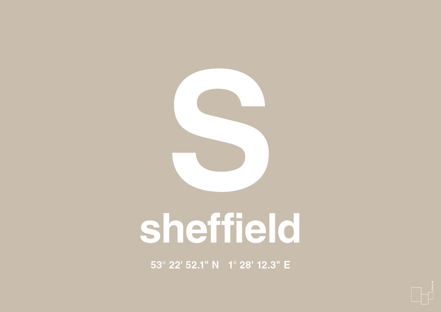 plakat: byplakat sheffield med koordinater - creamy mushroom-Byer-A1two3