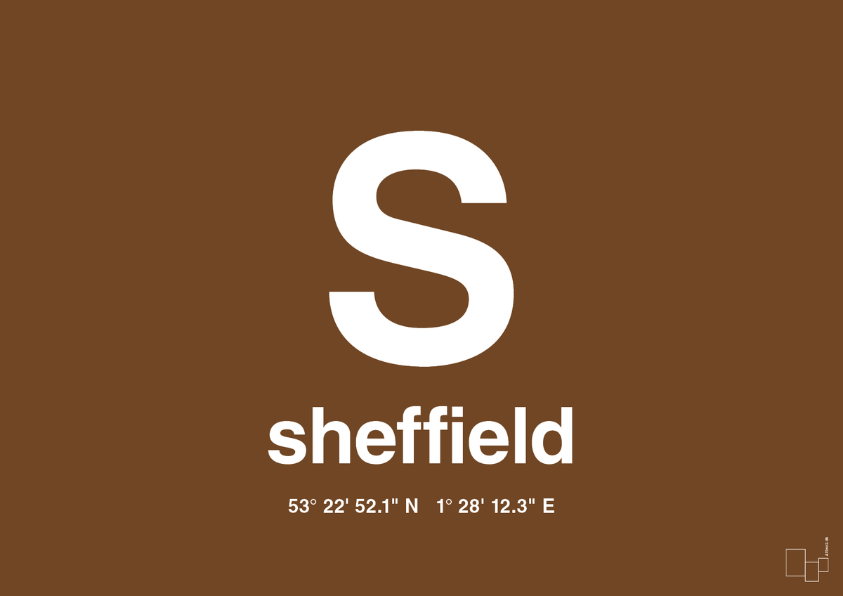 plakat: byplakat sheffield med koordinater - dark brown-Byer-A1two3