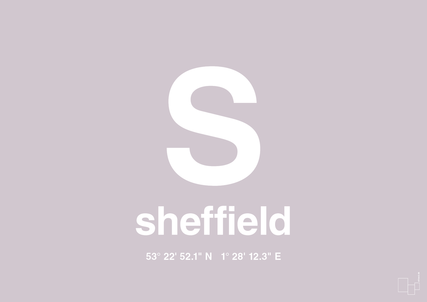 plakat: byplakat sheffield med koordinater - dusty lilac-Byer-A1two3