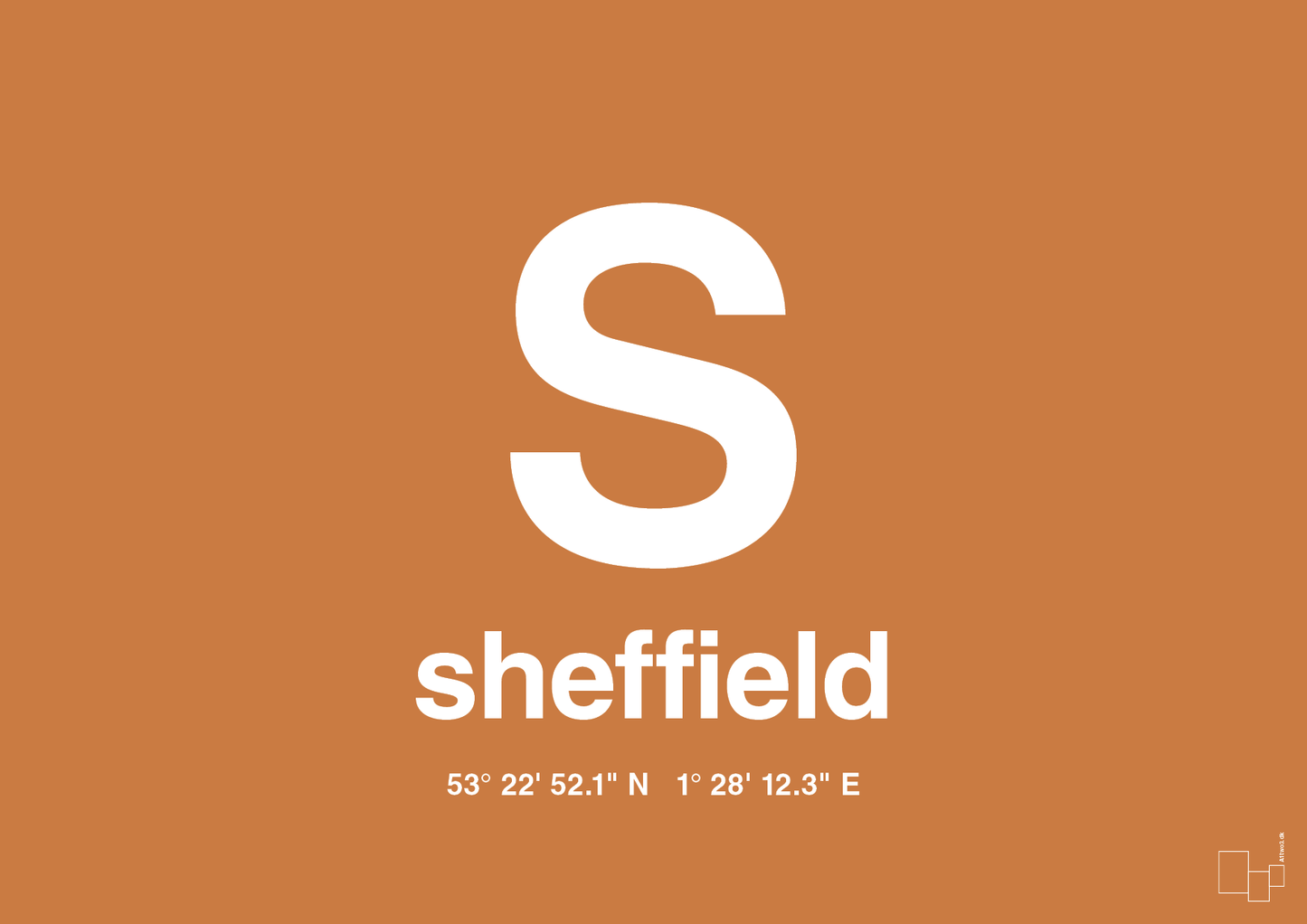plakat: byplakat sheffield med koordinater - rumba orange-Byer-A1two3