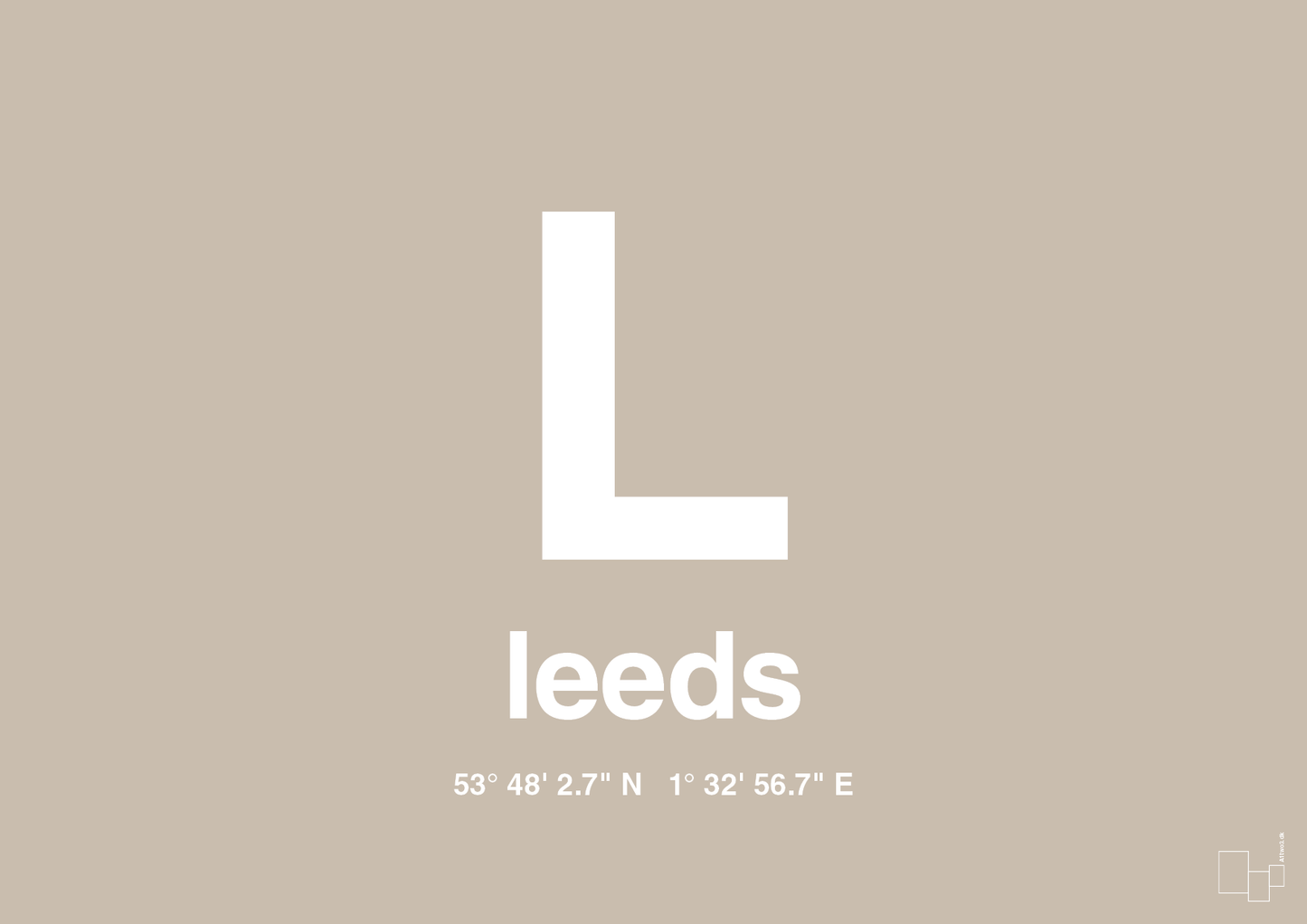 plakat: byplakat leeds med koordinater - creamy mushroom-Byer-A1two3