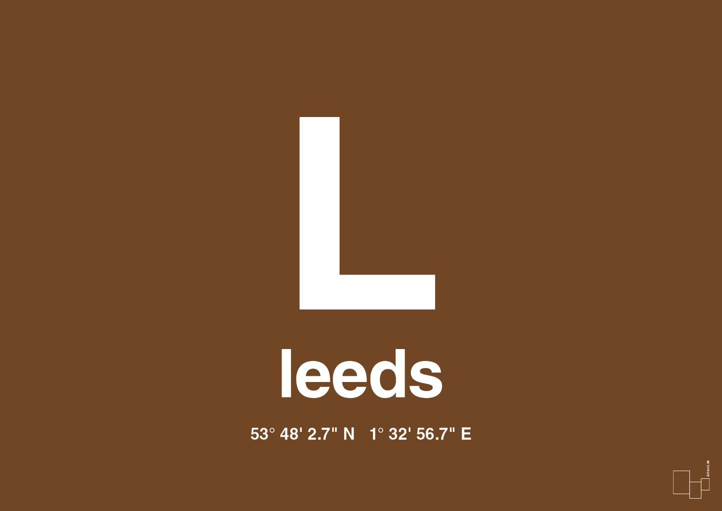 plakat: byplakat leeds med koordinater - dark brown-Byer-A1two3