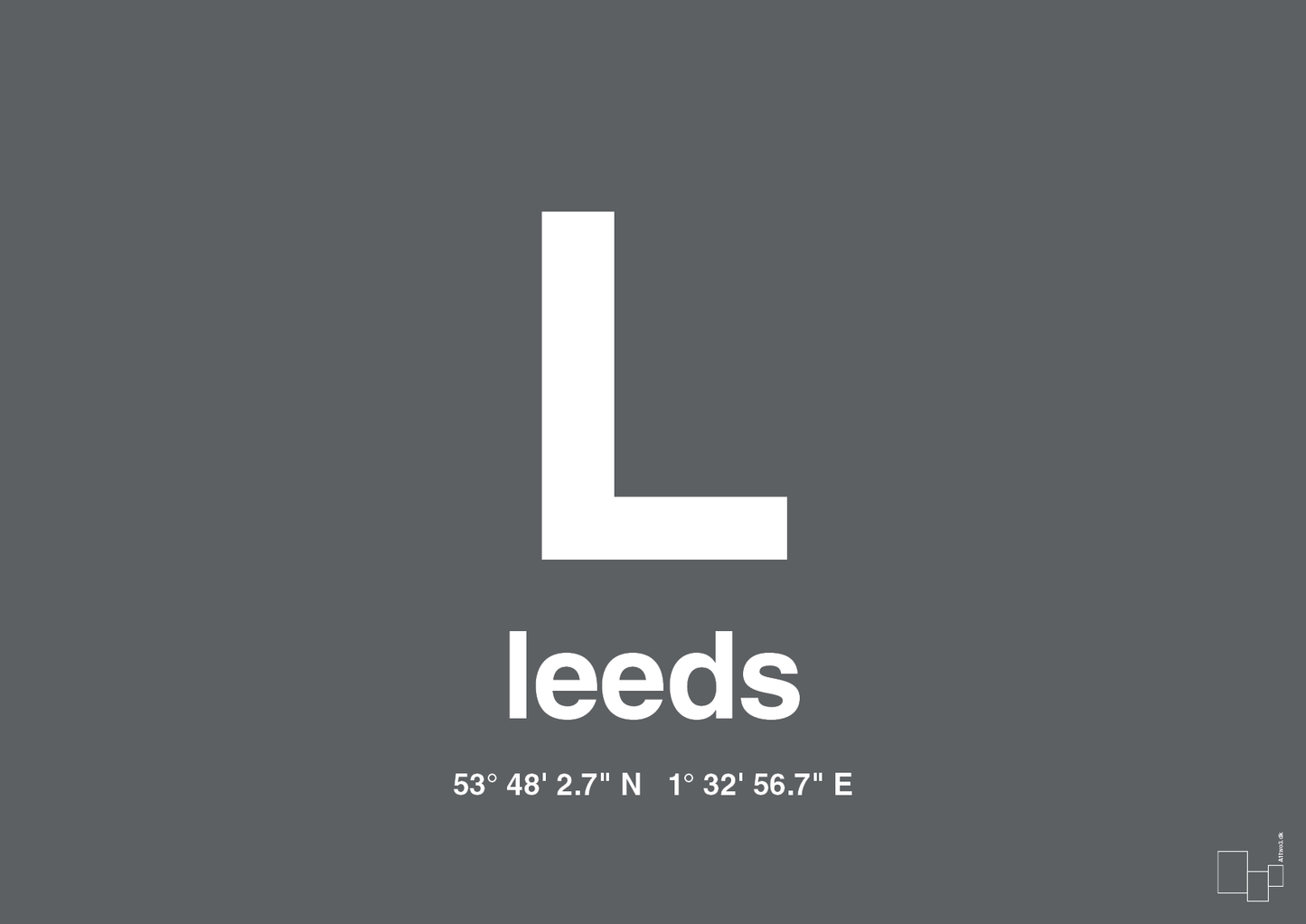 plakat: byplakat leeds med koordinater - graphic charcoal-Byer-A1two3