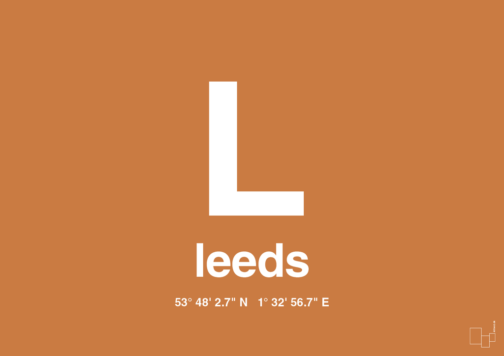 plakat: byplakat leeds med koordinater - rumba orange-Byer-A1two3