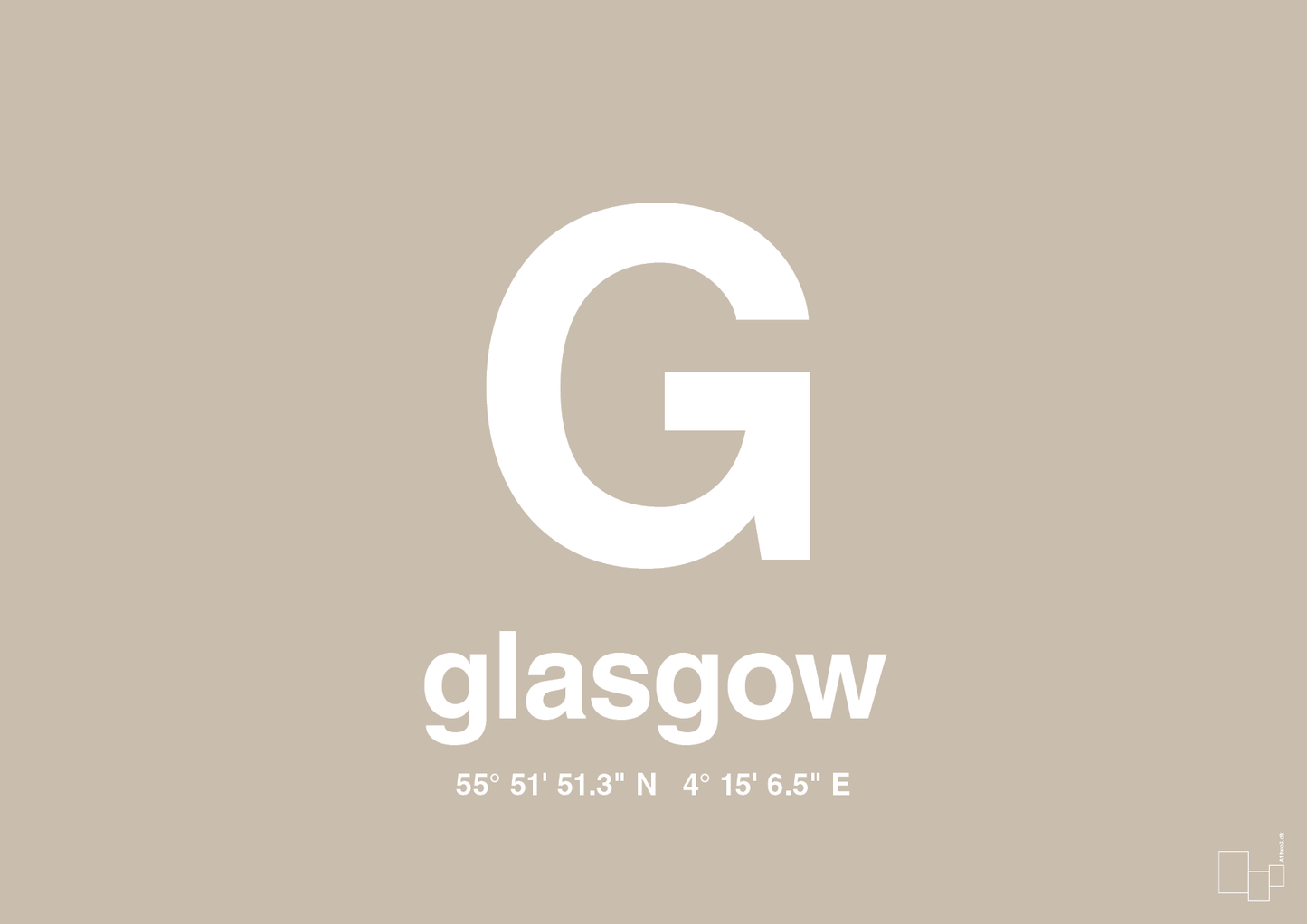 plakat: byplakat glasgow med koordinater - creamy mushroom-Byer-A1two3