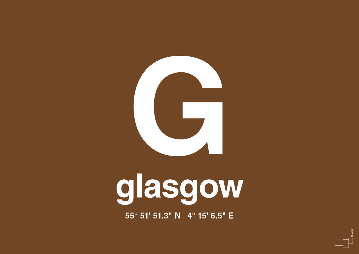 plakat: byplakat glasgow med koordinater - dark brown-Byer-A1two3