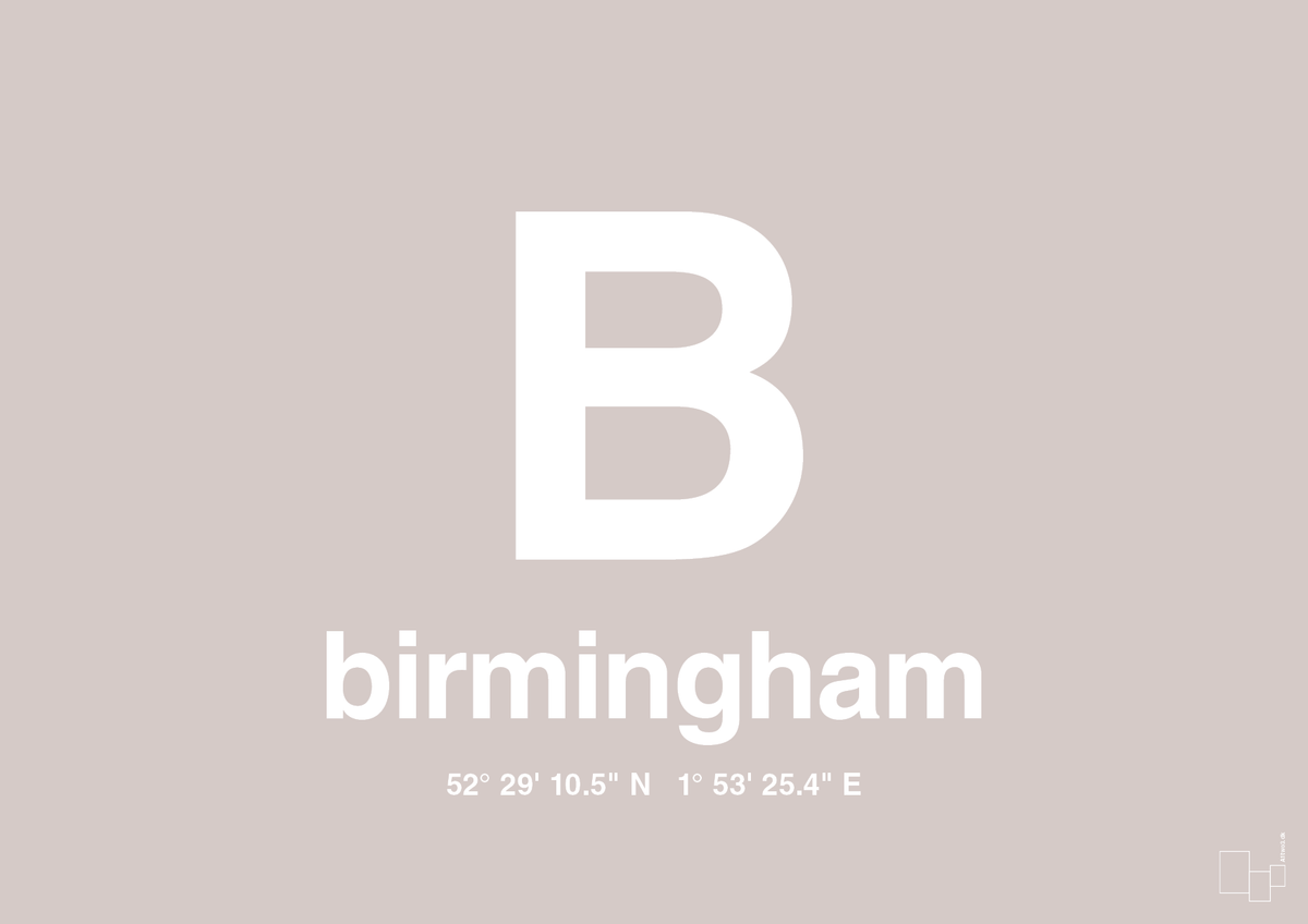 plakat: byplakat birmingham med koordinater - broken beige-Byer-A1two3