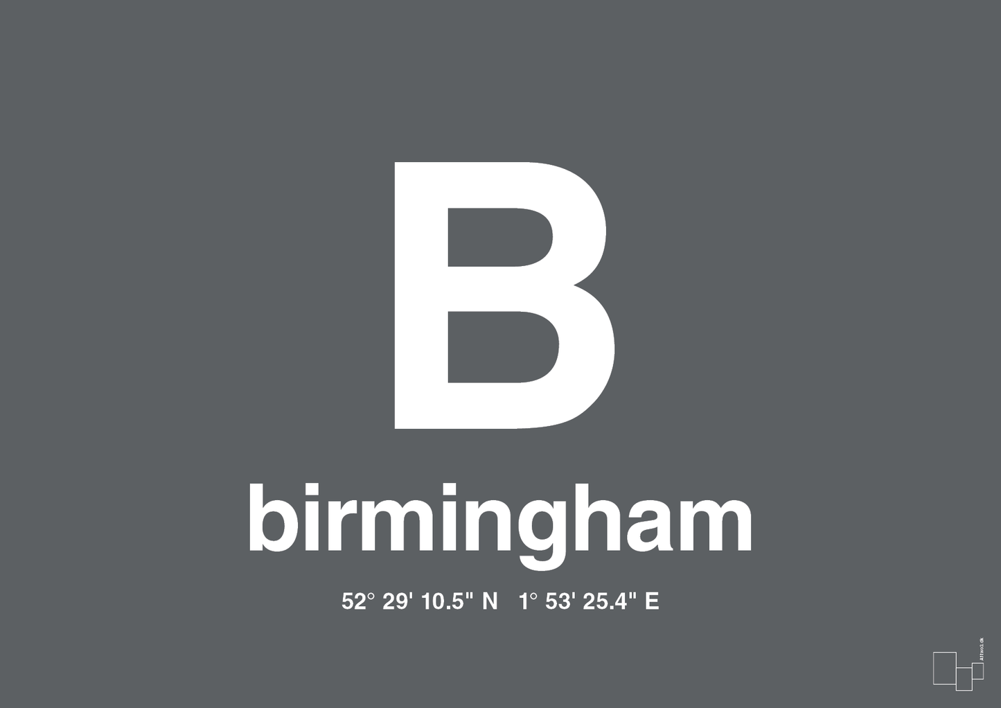 plakat: byplakat birmingham med koordinater - graphic charcoal-Byer-A1two3