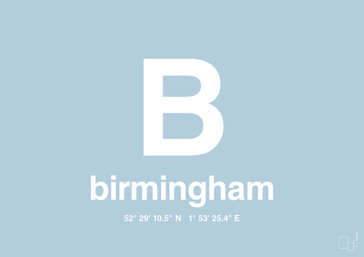 plakat: byplakat birmingham med koordinater - heavenly blue-Byer-A1two3