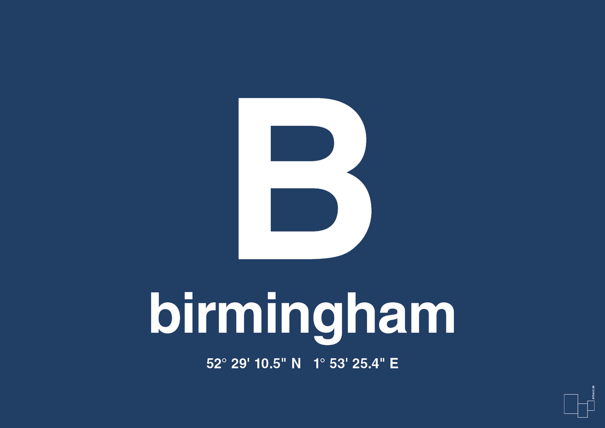 plakat: byplakat birmingham med koordinater - lapis blue-Byer-A1two3